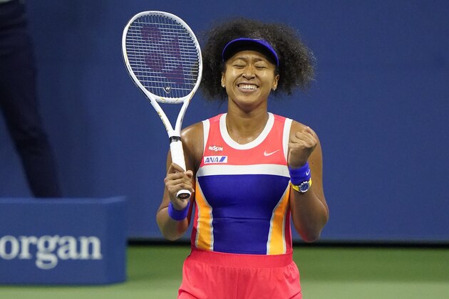 Naomi Osaka, of Japan, reacts after defeating Jennifer Brady, of the United States, in a semifinal match of the US Open tennis championships, Thursday, Sept. 10, 2020, in New York. (AP Photo/Frank Franklin II)