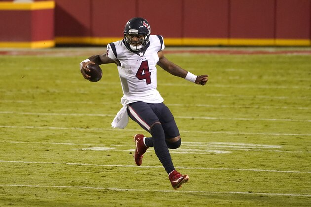 Houston Texans quarterback Deshaun Watson scrambles against the Tennessee Titans in the second half of an NFL football game Thursday, Sept. 10, 2020, in Kansas City, Mo. (AP Photo/Charlie Riedel)