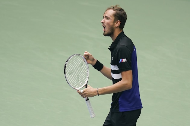 Daniil Medvedev, of Russia, reacts during a match against Andrey Rublev, of Russia, during the quarterfinals of the US Open tennis championships, Wednesday, Sept. 9, 2020, in New York. (AP Photo/Seth Wenig)