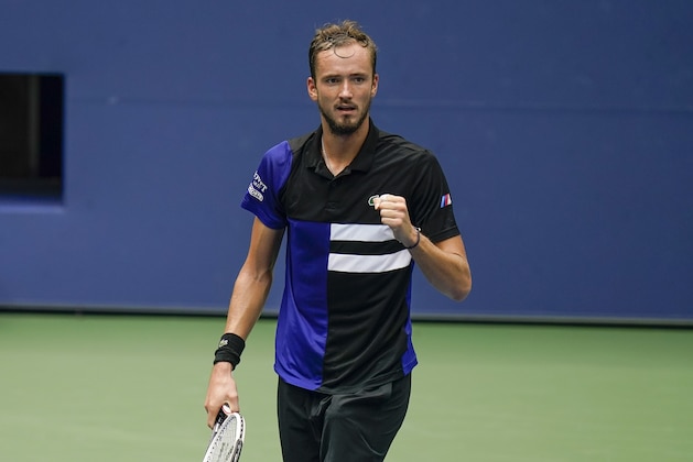 Daniil Medvedev, of Russia, reacts during a match against Andrey Rublev, of Russia, during the quarterfinals of the US Open tennis championships, Wednesday, Sept. 9, 2020, in New York. (AP Photo/Seth Wenig)