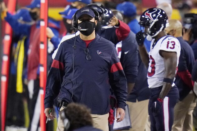 Houston Texans head coach Bill O'Brien watches from the sideline in the first half of an NFL football game against the Kansas City Chiefs Thursday, Sept. 10, 2020, in Kansas City, Mo. (AP Photo/Jeff Roberson)