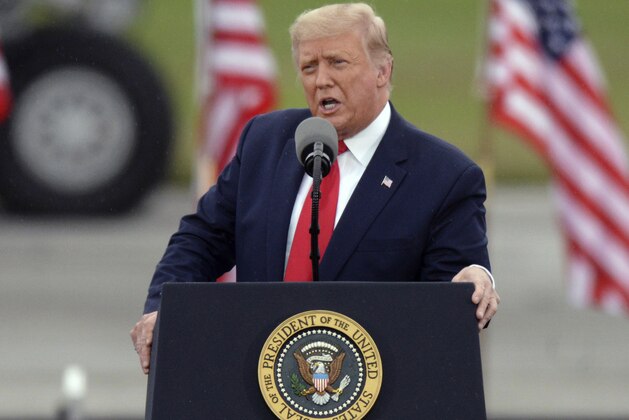 President Donald Trump speaks during a rally at MBS International Airport, Thursday, Sept. 10, 2020, in Freeland, Mich. (AP Photo/Jose Juarez)