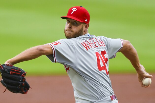 Philadelphia Phillies' Zack Wheeler pitches against the Atlanta Braves during the first inning of a baseball game Saturday, Aug. 22, 2020, in Atlanta. (AP Photo/John Amis)