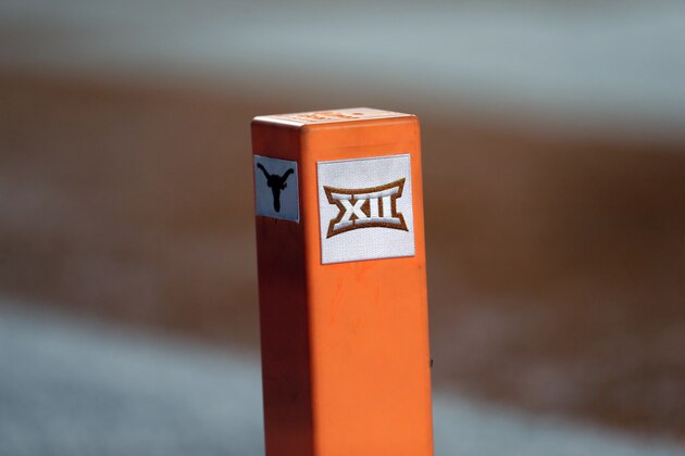The Big 12 logo is seen on a pylon during the first half of an NCAA college football game between Texas and USC, Saturday, Sept. 15, 2018, in Austin, Texas. (AP Photo/Eric Gay)