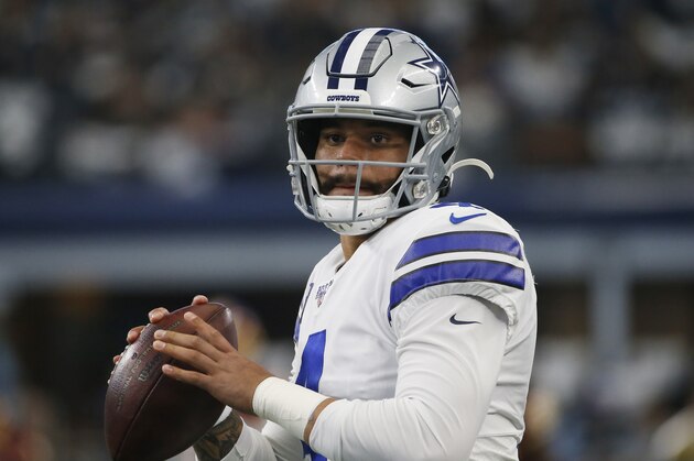 Dallas Cowboys quarterback Dak Prescott (4) during an NFL football game against the Washington Redskins in Arlington, Texas, Sunday, Dec. 15, 2019. (AP Photo/Ron Jenkins)