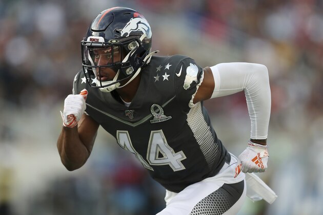 AFC wide receiver Courtland Sutton, of the Denver Broncos, runs a route during the NFL Pro Bowl football game against the NFC, Sunday, Jan. 26, 2020, in Orlando, Fla. (AP Photo/Steve Luciano)