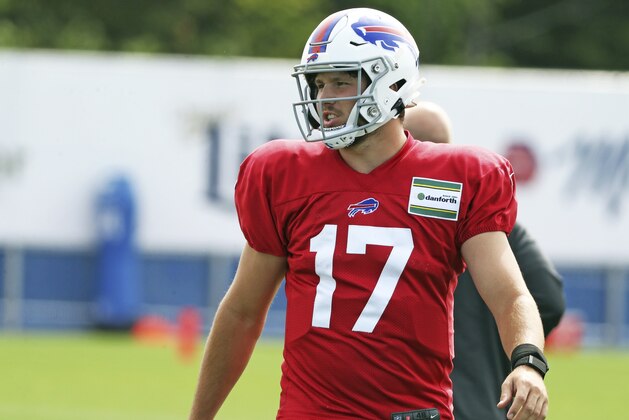 Buffalo Bills quarterback Josh Allen (17) lines up for a drill during NFL football practice in Orchard Park, N.Y., Thursday, Sept. 3, 2020. (James P. McCoy/The Buffalo News via AP, Pool)