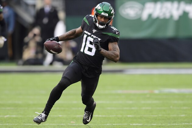 New York Jets wide receiver Demaryius Thomas (18) during the second half of an NFL football game against the New York Giants Sunday, Nov. 10, 2019, in East Rutherford, N.J. (AP Photo/Steven Ryan)