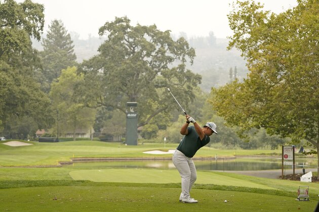 Tom Kim, of South Korea, hits from the 11th tee of the Silverado Resort North Course during the first round of the Safeway Open PGA golf tournament Thursday, Sept. 10, 2020, in Napa, Calif. (AP Photo/Eric Risberg)