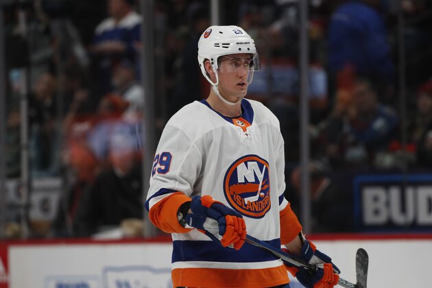 New York Islanders center Brock Nelson (29) in the second period of an NHL hockey game Wednesday, Feb. 19, 2020, in Denver. (AP Photo/David Zalubowski)