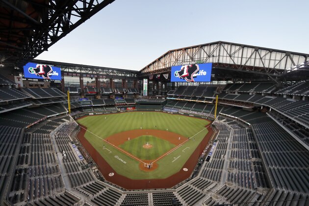The Seattle Mariners play the Texas Rangers in the first inning of a baseball game in Arlington, Texas, Monday, Aug. 10, 2020. (AP Photo/Tony Gutierrez)