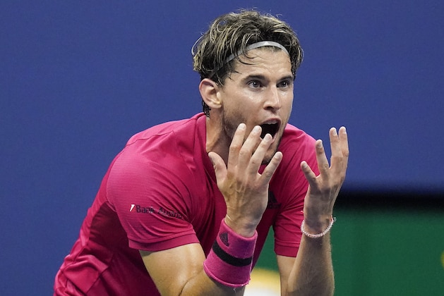 Dominic Thiem, of Austria, reacts during a men's semifinal match against Daniil Medvedev, of Russia, during the US Open tennis championships, Friday, Sept. 11, 2020, in New York. (AP Photo/Frank Franklin II)