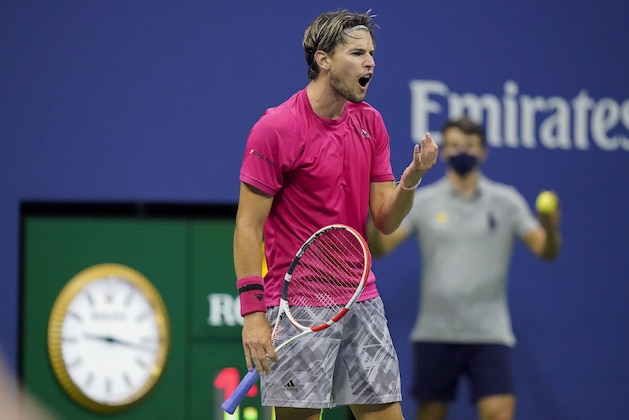 Dominic Thiem, of Austria, reacts during a men's semifinal match against Daniil Medvedev, of Russia, during the US Open tennis championships, Friday, Sept. 11, 2020, in New York. (AP Photo/Frank Franklin II)