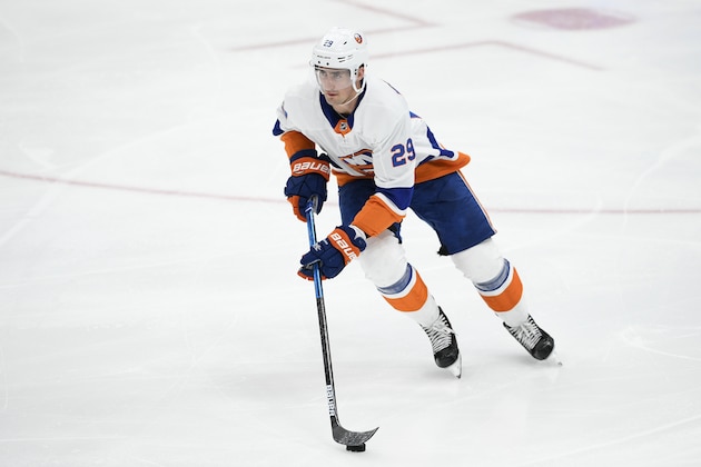 New York Islanders center Brock Nelson (29) skates with the puck during the second period of an NHL hockey game against the Washington Capitals, Monday, Feb. 10, 2020, in Washington. (AP Photo/Nick Wass)