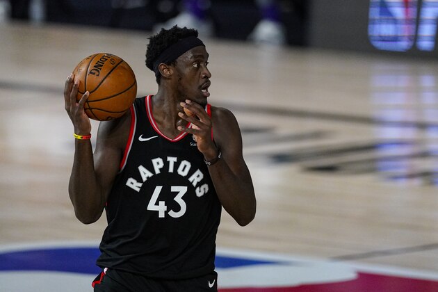 Toronto Raptors forward Pascal Siakam (43) looks to pass against the Boston Celtics during the first half of an NBA conference semifinal playoff basketball game Wednesday, Sept. 9, 2020, in Lake Buena Vista, Fla. (AP Photo/Mark J. Terrill)
