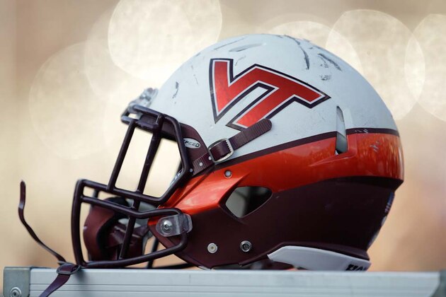 A Virginia Tech helmet is seen during the second half of an NCAA college football game against Purdue, Saturday, Sept. 19, 2015 in West Lafayette, Ind. Virginia Tech won the game 51-24. (AP Photo/Darron Cummings)