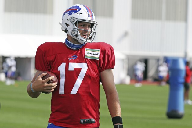 Buffalo Bills quarterback Josh Allen (17) sprints during an NFL football training camp in Orchard Park, N.Y., Monday, Aug. 24, 2020. (James P. McCoy/Buffalo News via AP, Pool)