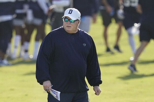 Dallas Cowboys head coach Mike McCarthy walks the field during an NFL football training camp practice in Frisco, Texas, Friday, Aug. 14, 2020.(AP Photo/LM Otero)