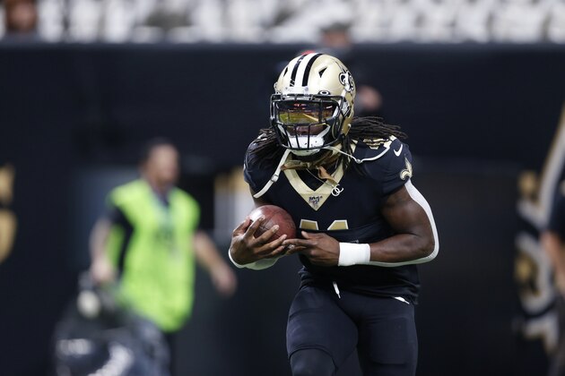 New Orleans Saints running back Alvin Kamara (41) warms up before an NFL football game against the Atlanta Falcons in New Orleans, Sunday, Nov. 10, 2019. (AP Photo/Butch Dill)