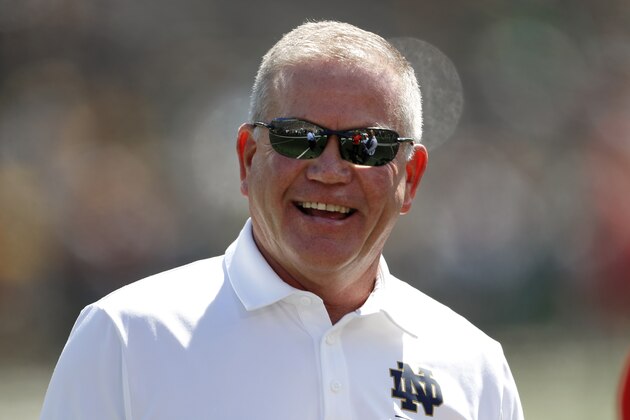 Notre Dame head coach Brian Kelly smiles before an NCAA college football game against New Mexico in South Bend, Ind., Saturday, Sept. 14, 2019. (AP Photo/Paul Sancya)