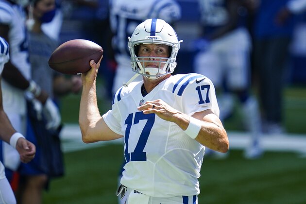 FILE - Indianapolis Colts quarterback Philip Rivers (17) throws during practice at the NFL team's football training camp at Lucas Oil Stadium in Indianapolis, Monday, Aug. 24, 2020. Rivers felt like a rookie when he drove to the Indianapolis Colts complex. New season, new facility, new teammates â€” and those familiar season-opening jitters. Yes, even for a 17-year veteran with eight Pro Bowl appearances, the adrenaline rush is reinvigorating. (AP Photo/Michael Conroy, File)