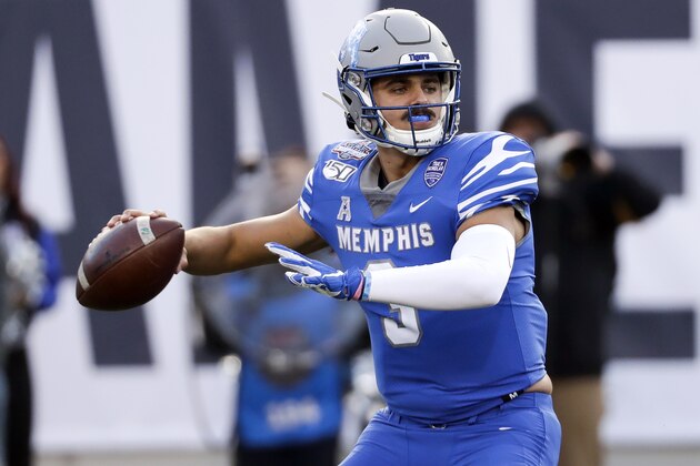 FILE - In this Dec. 7, 2019, file photo, Memphis quarterback Brady White passes against Cincinnati during an NCAA college football game for the American Athletic Conference championship in Memphis, Tenn. After winning their first American Athletic Conference last season, the Memphis Tigers want to make sure they do not skip a beat with head coach Ryan Silverfield now their third different coach in six seasons. (AP Photo/Mark Humphrey, File)