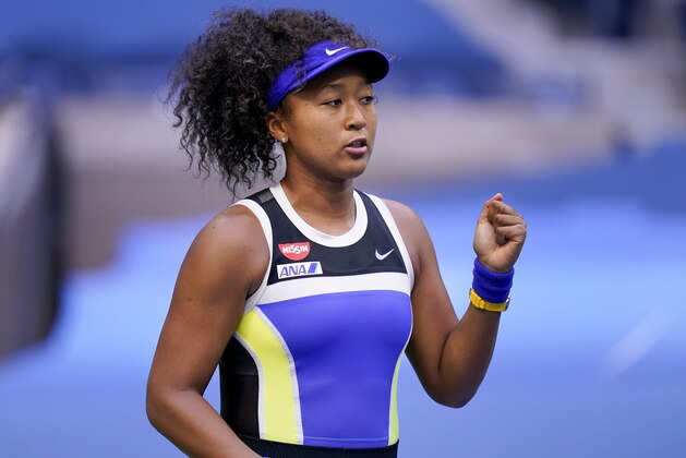 Naomi Osaka, of Japan, reacts during the women's singles final against Victoria Azarenka, of Belarus, during the US Open tennis championships, Saturday, Sept. 12, 2020, in New York. (AP Photo/Seth Wenig)