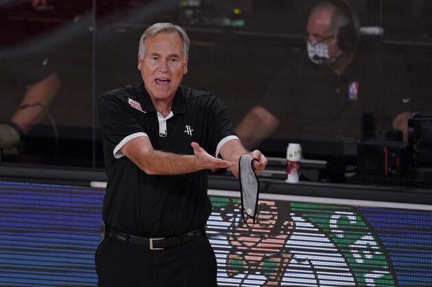 Houston Rockets head coach Mike D'Antoni reacts to a call during the second half of an NBA conference semifinal playoff basketball game against the Los Angeles Lakers Friday, Sept. 4, 2020, in Lake Buena Vista, Fla. (AP Photo/Mark J. Terrill)
