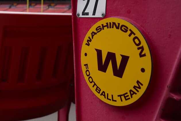 Seats at Fedex Field display the Washington Football Team logo on the seats during pregame warmups of an NFL football game between Washington Football Team and Philadelphia Eagles, Sunday, Sept. 13, 2020, in Landover, Md. (AP Photo/Susan Walsh)