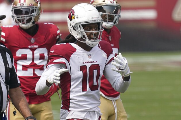 Arizona Cardinals wide receiver DeAndre Hopkins (10) against the San Francisco 49ers during the first half of an NFL football game in Santa Clara, Calif., Sunday, Sept. 13, 2020. (AP Photo/Tony Avelar) Arizona Cardinals wide receiver DeAndre Hopkins (10) against the San Francisco 49ers during the first half of an NFL football game in Santa Clara, Calif., Sunday, Sept. 13, 2020. (AP Photo/Tony Avelar)
