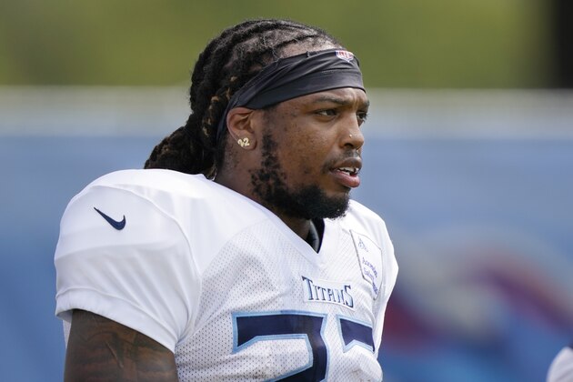 Tennessee Titans running back Derrick Henry waits for his turn to run a drill during NFL football training camp Tuesday, Aug. 18, 2020, in Nashville, Tenn. (AP Photo/Mark Humphrey)