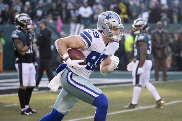 Dallas Cowboys tight end Blake Jarwin in action during an NFL football game against the Philadelphia Eagles Sunday, Dec. 22, 2019, in Philadelphia. (AP Photo/Michael Perez)