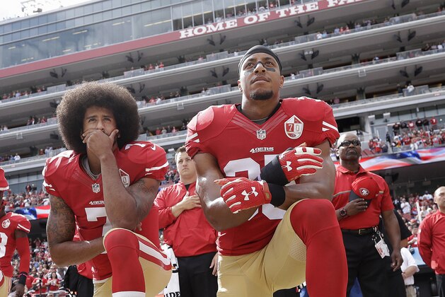 FILE - In this Oct. 2, 2016 file photo, San Francisco 49ers quarterback Colin Kaepernick, left, and safety Eric Reid kneel during the national anthem before an NFL football game against the Dallas Cowboys, in Santa Clara, Calif. Colin Kaepernick and Eric Reid have reached settlements on their collusion lawsuits against the NFL, the league said Friday, Feb. 19, 2019.(AP Photo/Marcio Jose Sanchez, File) FILE - In this Oct. 2, 2016 file photo, San Francisco 49ers quarterback Colin Kaepernick, left, and safety Eric Reid kneel during the national anthem before an NFL football game against the Dallas Cowboys, in Santa Clara, Calif. Colin Kaepernick and Eric Reid have reached settlements on their collusion lawsuits against the NFL, the league said Friday, Feb. 19, 2019.(AP Photo/Marcio Jose Sanchez, File)