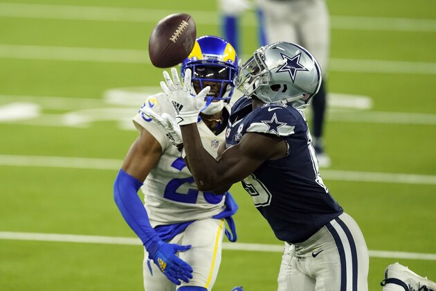 Dallas Cowboys wide receiver Michael Gallup, right, makes a catch but is called for offensive pass interference on Los Angeles Rams' Jalen Ramsey during the second half of an NFL football game Sunday, Sept. 13, 2020, in Inglewood, Calif. (AP Photo/Ashley Landis) Dallas Cowboys wide receiver Michael Gallup, right, makes a catch but is called for offensive pass interference on Los Angeles Rams' Jalen Ramsey during the second half of an NFL football game Sunday, Sept. 13, 2020, in Inglewood, Calif. (AP Photo/Ashley Landis)