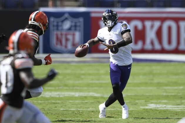 Baltimore Ravens quarterback Lamar Jackson (8) looks to pass, during the second half of an NFL football game against the Cleveland Browns, Sunday, Sept. 13, 2020, in Baltimore, MD. (AP Photo/Nick Wass)