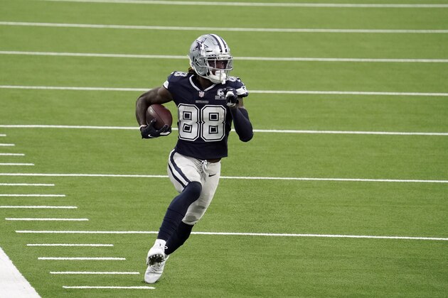 Dallas Cowboys wide receiver CeeDee Lamb (88) runs after a catch against the Los Angeles Rams during the first half of an NFL football game Sunday, Sept. 13, 2020, in Inglewood, Calif. (AP Photo/Jae C. Hong )