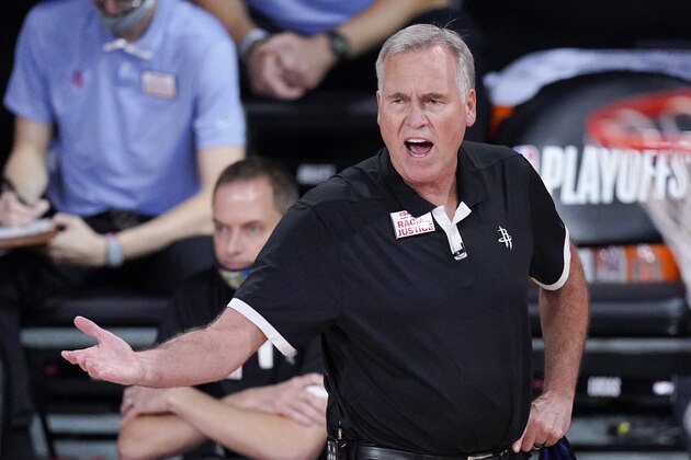 Houston Rockets head coach Mike D'Antoni yells from the bench during the second half of an NBA conference semifinal playoff basketball game against the Los Angeles Lakers Saturday, Sept. 12, 2020, in Lake Buena Vista, Fla. (AP Photo/Mark J. Terrill) Houston Rockets head coach Mike D'Antoni yells from the bench during the second half of an NBA conference semifinal playoff basketball game against the Los Angeles Lakers Saturday, Sept. 12, 2020, in Lake Buena Vista, Fla. (AP Photo/Mark J. Terrill)