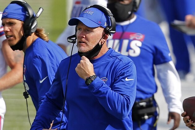 Buffalo Bills head coach Sean McDermott pulls his mask down to give instructions on the sidelines during the second half of an NFL football game against the New York Jets in Orchard Park, N.Y., Sunday, Sept. 13, 2020. (AP Photo/Jeffrey T. Barnes)