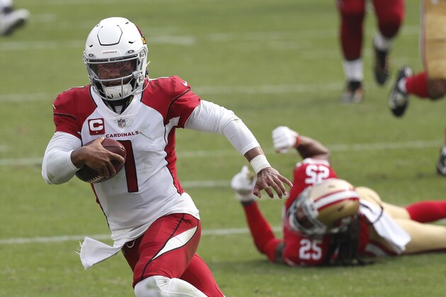 Arizona Cardinals quarterback Kyler Murray (1) runs past San Francisco 49ers cornerback Richard Sherman (25) to score a touchdown during the second half of an NFL football game in Santa Clara, Calif., Sunday, Sept. 13, 2020. (AP Photo/Josie Lepe)