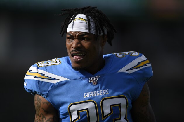 Los Angeles Chargers free safety Derwin James watches during warm ups before an NFL football game against the Oakland Raiders Sunday, Dec. 22, 2019, in Carson, Calif. (AP Photo/Kelvin Kuo)