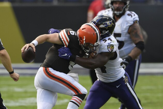 Baltimore Ravens linebacker Tyus Bowser (54) sacks Cleveland Browns quarterback Baker Mayfield (6), during the second half of an NFL football game, Sunday, Sept. 13, 2020, in Baltimore, MD. (AP Photo/Julio Cortez)