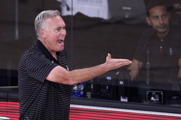 Houston Rockets' Mike D'Antoni yells at officials after a foul call during the first half of an NBA conference semifinal playoff basketball game against the Los Angeles Lakers Thursday, Sept. 10, 2020, in Lake Buena Vista, Fla. (AP Photo/Mark J. Terrill)