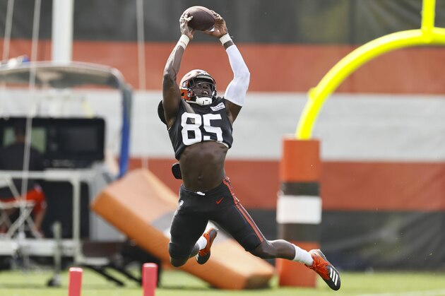 Cleveland Browns tight end David Njoku catches a pass during practice at the NFL football team's training facility Monday, Aug. 17, 2020, in Berea, Ohio. (AP Photo/Ron Schwane)