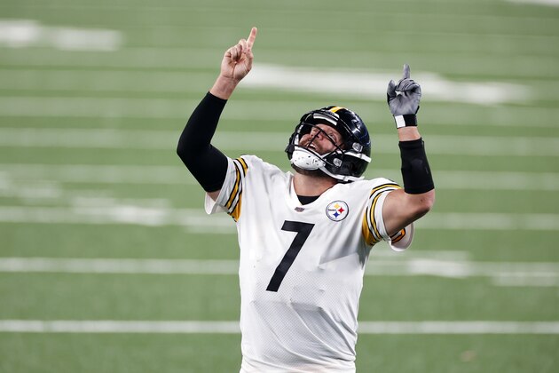Pittsburgh Steelers quarterback Ben Roethlisberger (7) celebrates a touchdown against the New York Giants during an NFL football game, Monday, Sept. 14, 2020, in East Rutherford, N.J. (AP Photo/Adam Hunger)