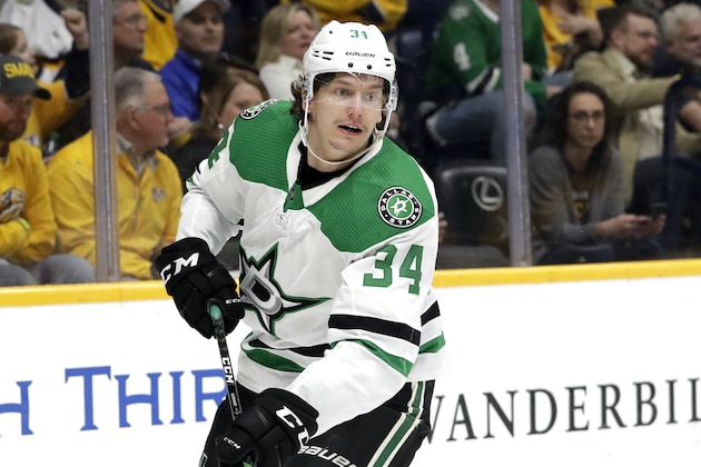 Dallas Stars right wing Denis Gurianov, of Russia, plays against the Nashville Predators in the first period of an NHL hockey game Thursday, March 5, 2020, in Nashville, Tenn. (AP Photo/Mark Humphrey)