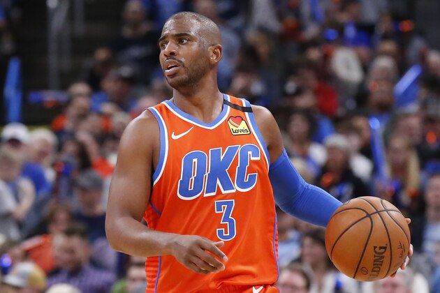 Oklahoma City Thunder guard Chris Paul (3) during an NBA basketball game against the San Antonio Spurs Sunday, Feb. 23, 2020, in Oklahoma City. (AP Photo/Sue Ogrocki)