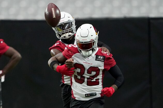 Arizona Cardinals' Patrick Peterson strips the ball away from Budda Baker (32) during an NFL football training camp Friday, Aug. 14, 2020, in Glendale, Ariz. (AP Photo/Matt York)