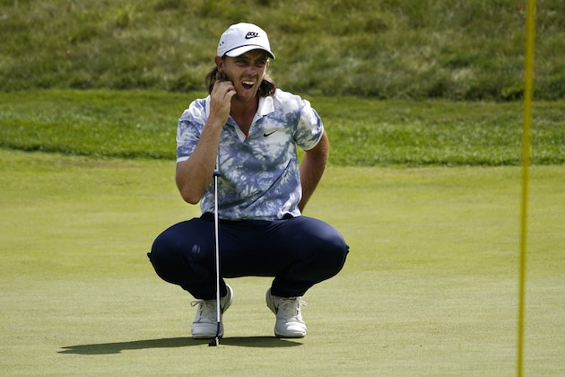 Tommy Fleetwood checks his line on the ninth green during the third round of the Northern Trust golf tournament at TPC Boston, Saturday, Aug. 22, 2020, in Norton, Mass. (AP Photo/Charles Krupa)