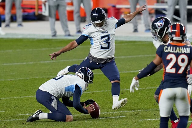 Tennessee Titans kicker Stephen Gostkowski (3) unsucessfully attempts a field goal against the Denver Broncos during the first half of an NFL football game, Monday, Sept. 14, 2020, in Denver. (AP Photo/Jack Dempsey) Tennessee Titans kicker Stephen Gostkowski (3) unsucessfully attempts a field goal against the Denver Broncos during the first half of an NFL football game, Monday, Sept. 14, 2020, in Denver. (AP Photo/Jack Dempsey)
