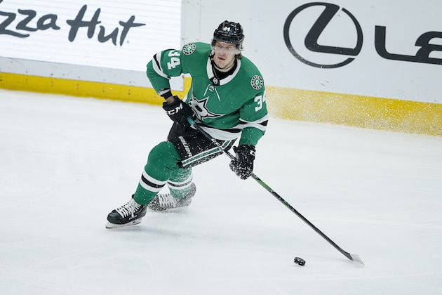 Dallas Stars forward Denis Gurianov (34) looks to pass during the third period of an NHL hockey game against the Chicago Blackhawks, Sunday, Feb. 23, 2020, in Dallas. Dallas won 2-1. (AP Photo/Brandon Wade) Dallas Stars forward Denis Gurianov (34) looks to pass during the third period of an NHL hockey game against the Chicago Blackhawks, Sunday, Feb. 23, 2020, in Dallas. Dallas won 2-1. (AP Photo/Brandon Wade)